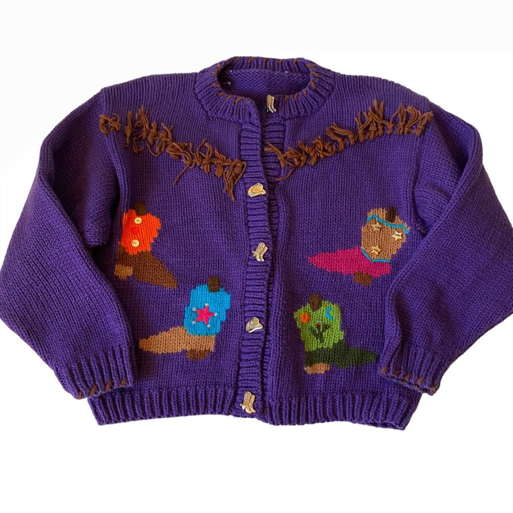 Kids Purple Knit Button-Up Sweater with Fringe and Colorful Motifs